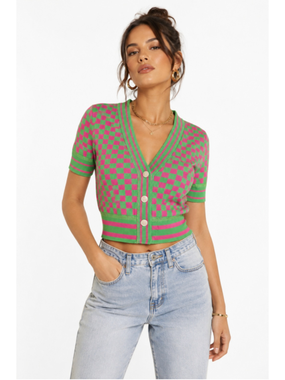 Urban Revivo Womens S Pink Green Checkerboard Cropped Knit Cardigan Y2K NWOT